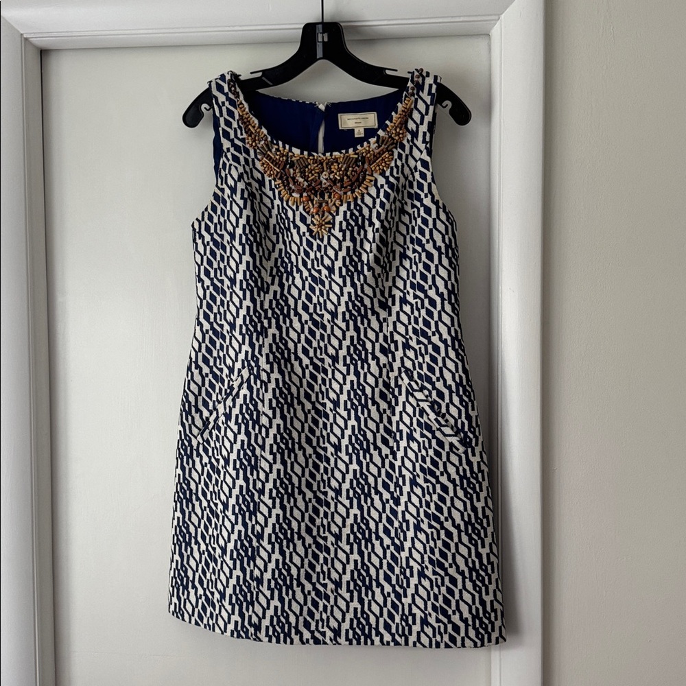 Anthropologie Navy and White Patterned Dress with Beaded Neckline
